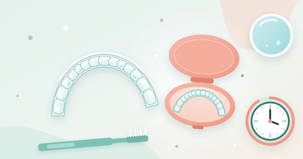 Wearing Clear Aligners: What You Need to Know 1 Clear aligner, open aligner case, toothbrush, glass of water and a clock – the essentials of clear aligner treatment
